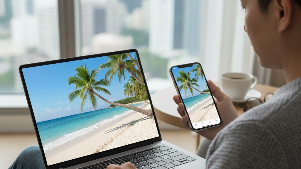 mann holding a cellphone while using a laptop computer, both showing same photograph