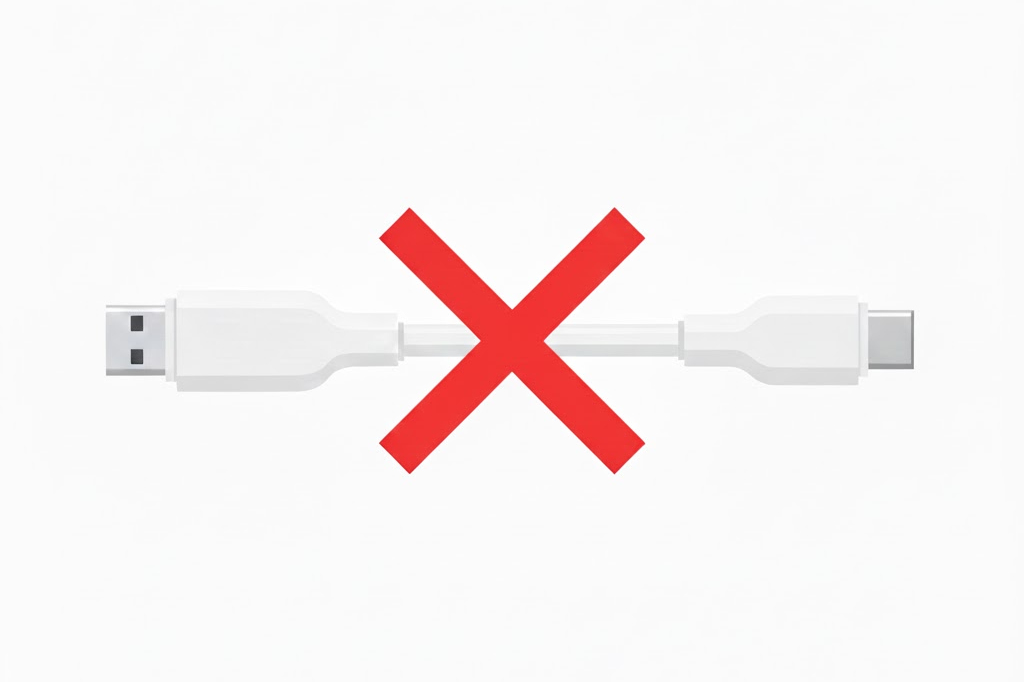 image showing a USB cable with two connectors and a red cross over it